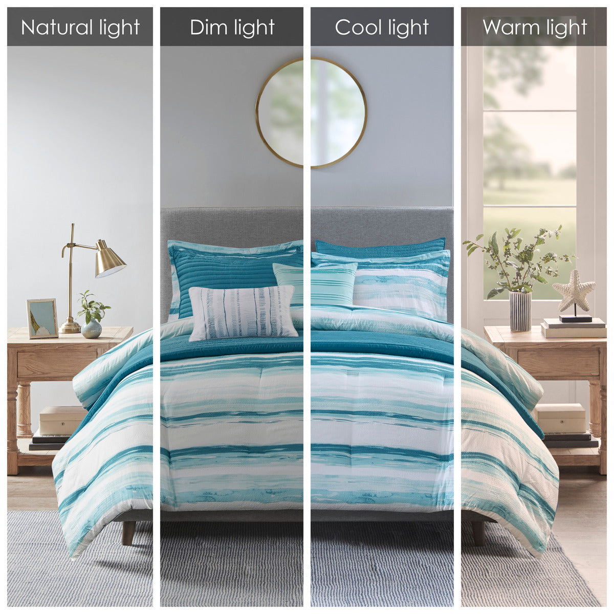 8 Piece Printed Seersucker Comforter And Quilt Set Collection Aqua King Cal King King Aqua Polyester