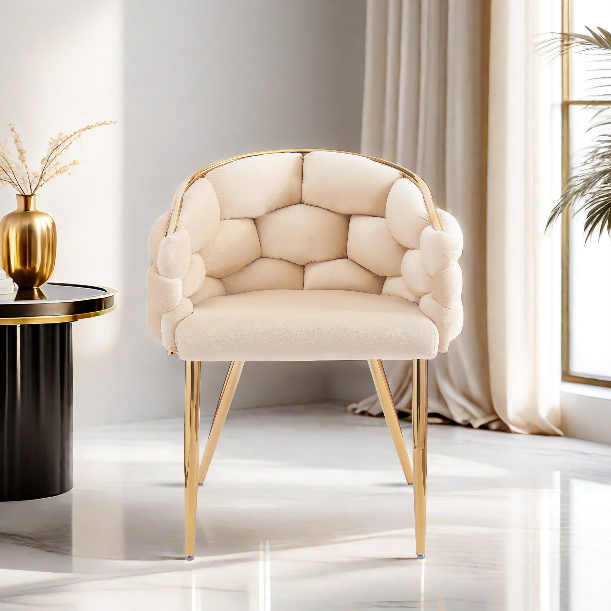 Set Of 2 Luxury Handmade Accent Chair With Gold Legs, Modern Velvet Armchair For Living Room And Bedroom Beige Foam Velvet