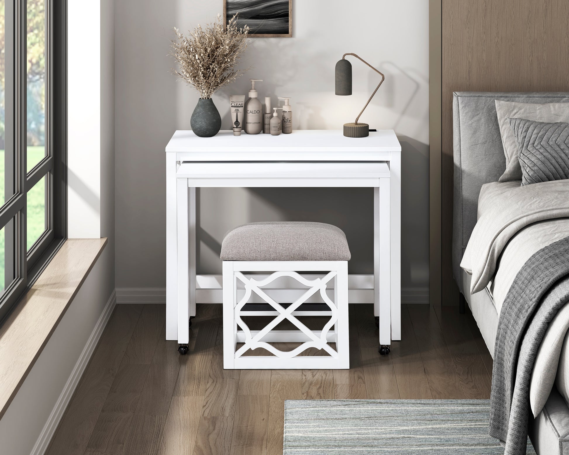 Desks And Stool Set 3Pc White Finish Rolling Desk With Casters, 2 Charging Ports Home Office Furniture White Computer Desk Primary Living Space Contemporary Desk Rectangular Wood
