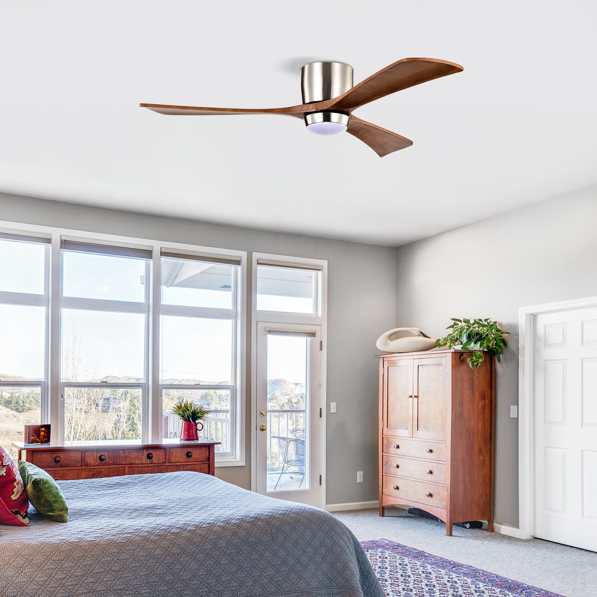 52" Ceiling Fan With Lights Remote Control,Quiet Dc Motor 3 Wood Blade Ceiling Fans 6 Speed Levels,Reversible Ceiling Fan, For Patio Living Room, Bedroom, Office,Indoor. Stain Nickel Walnut Nickel
