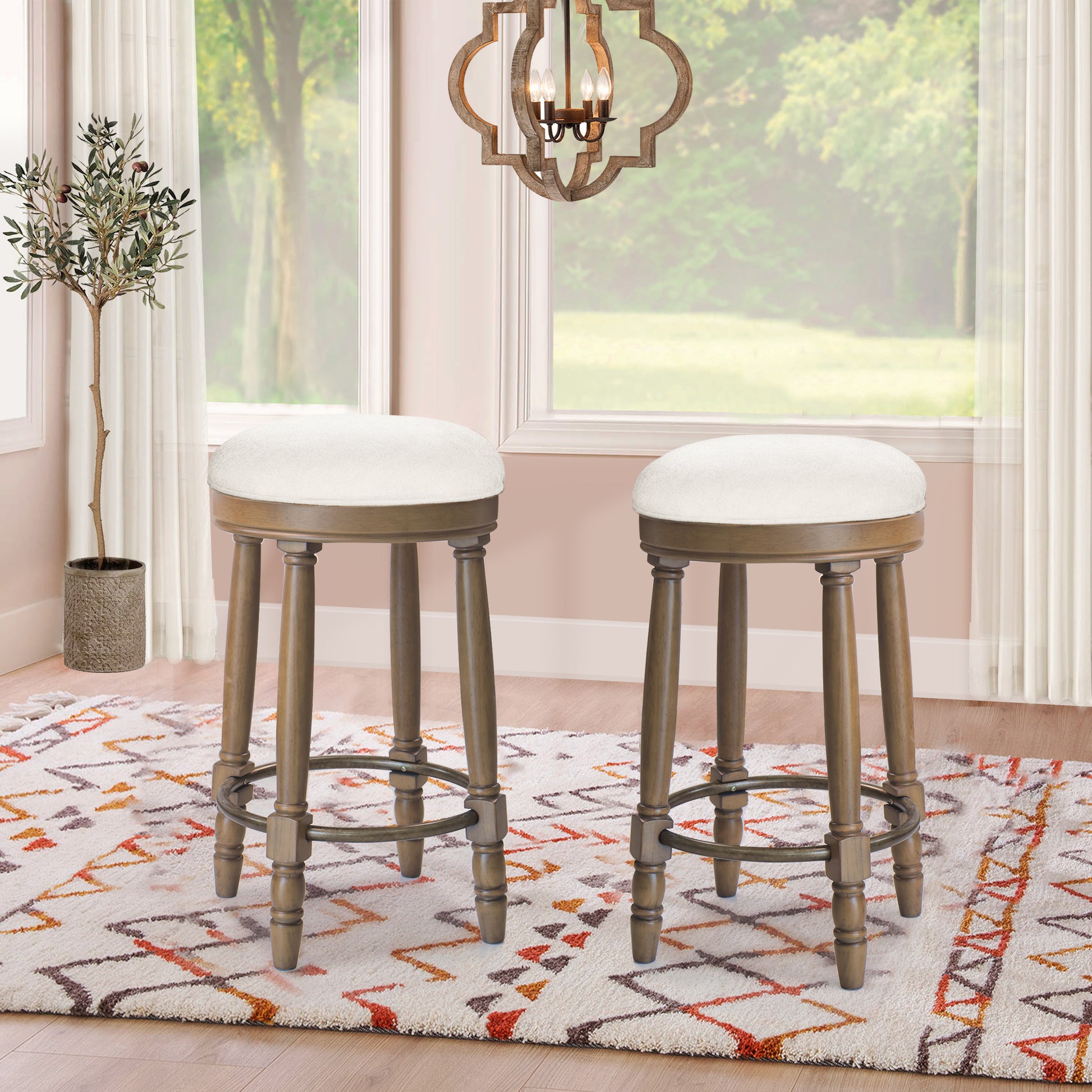 Barstools Set Of 2, 360 Degree Swivel, Accent Wooden Swivel Seat Counter Height Bar Stool,White Fabric Cushioned Seat, Bar Stool Perfect For Dining & Living Room With Light Brown,Natural Height 26"