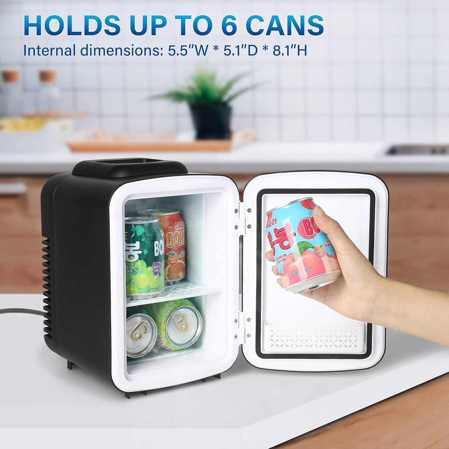 4L 6 Can Mini, Portable Cooler & Warmer Freon Free Small Refrigerator, Compact Fridge For Skincare, Beverage, Food, Cosmetics, Black Black Plastic