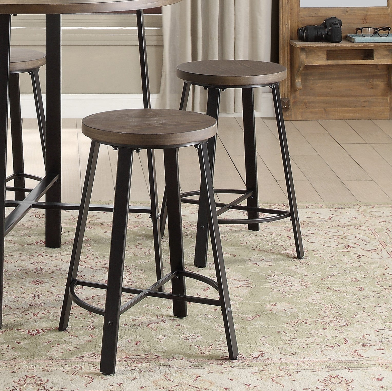 Set Of 2 Counter Height Stools Gray Metal Finish Rustic Industrial Style Furniture Brown,Gray Dining Room Industrial,Rustic Metal