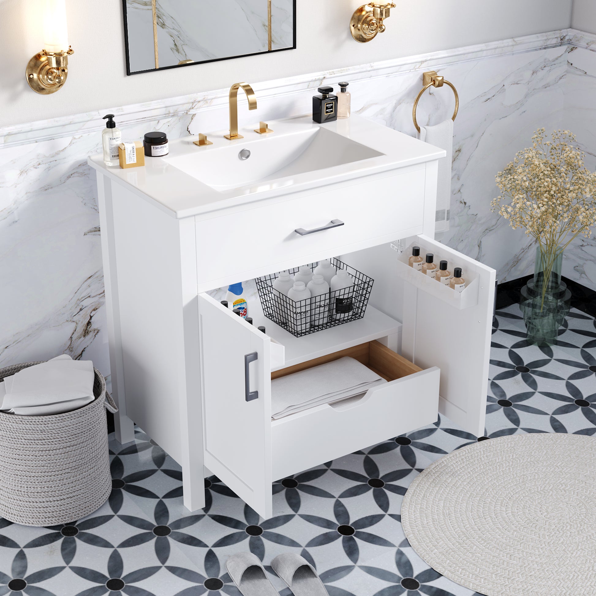 30 Inch Bathroom Vanity With Ceramic Sink And Large Storage The Perfect Choice For Small Bathrooms White Bathroom Solid Wood Mdf