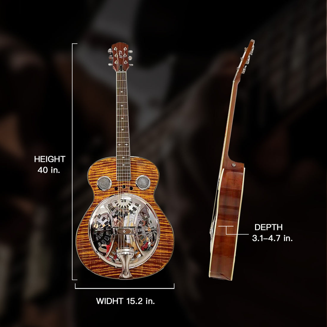 Beginner Metal Resonator Guitar, Full Size Circular Neck Traditional Resonator, Built In Preamplifier Tiger Wood