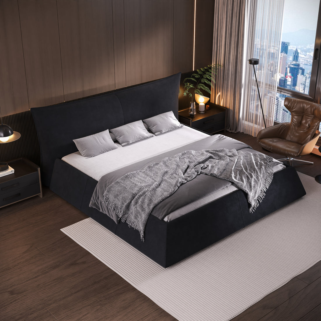 King Size Upholstered Platform Bed With Special Shaped Velvet Headboard, Metal & Solid Wood Frame,Black Box Spring Not Required King Black Pine Velvet Velvet