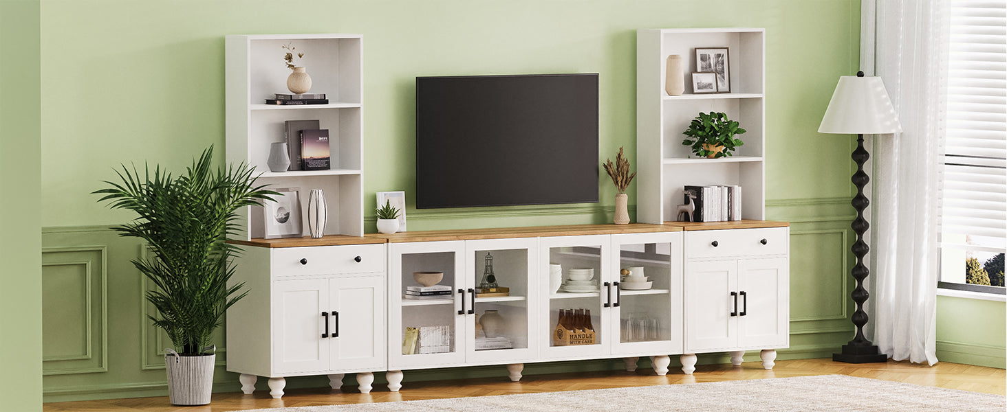 Farmhouse Tv Stand With Solid Wood Gourd Shaped Legs For Tvs Up To 70", Entertainment Center With Bookshelves & Tempered Glass Doors, Media Console With Adjustable Shelves, Living Room, White White