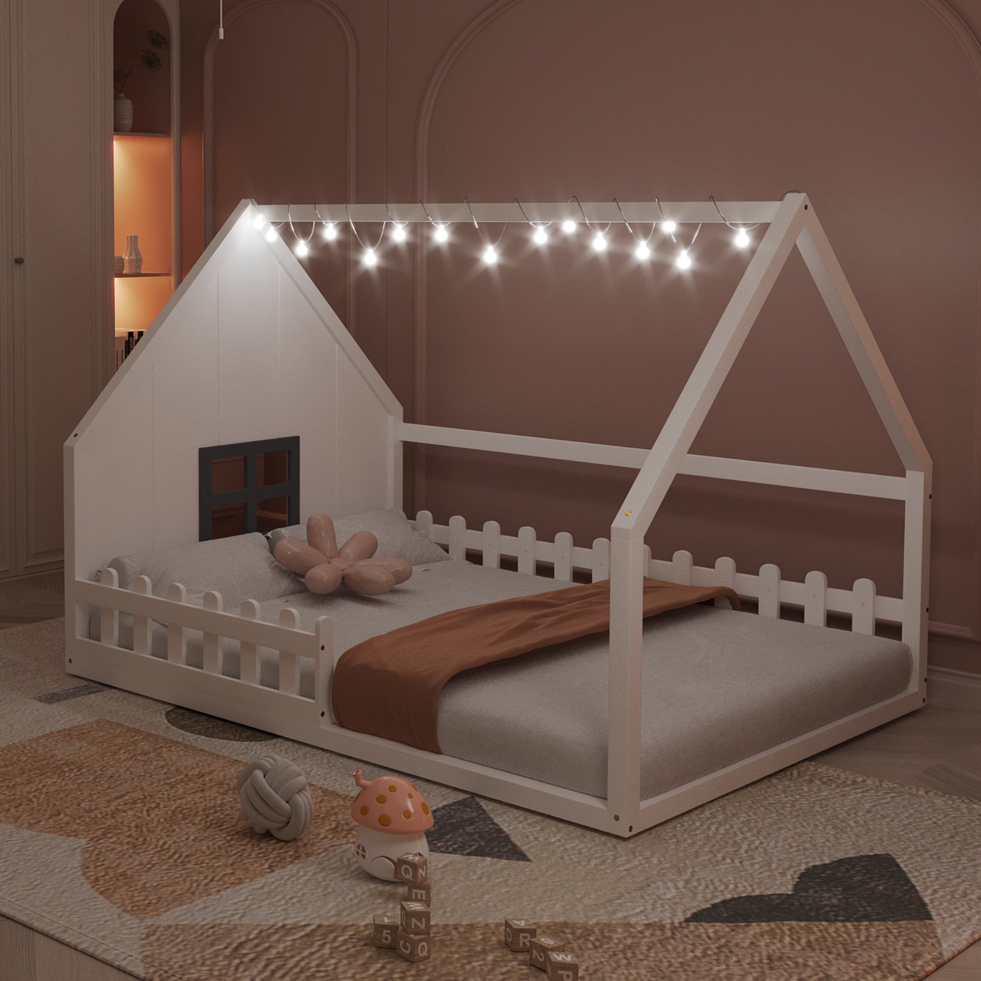 Full Size Wood House Bed With Window And Fence, White Old Sku: Wf304147Aak Box Spring Not Required Full White Wood Bedroom Pine Bed Frame Solid Wood Mdf