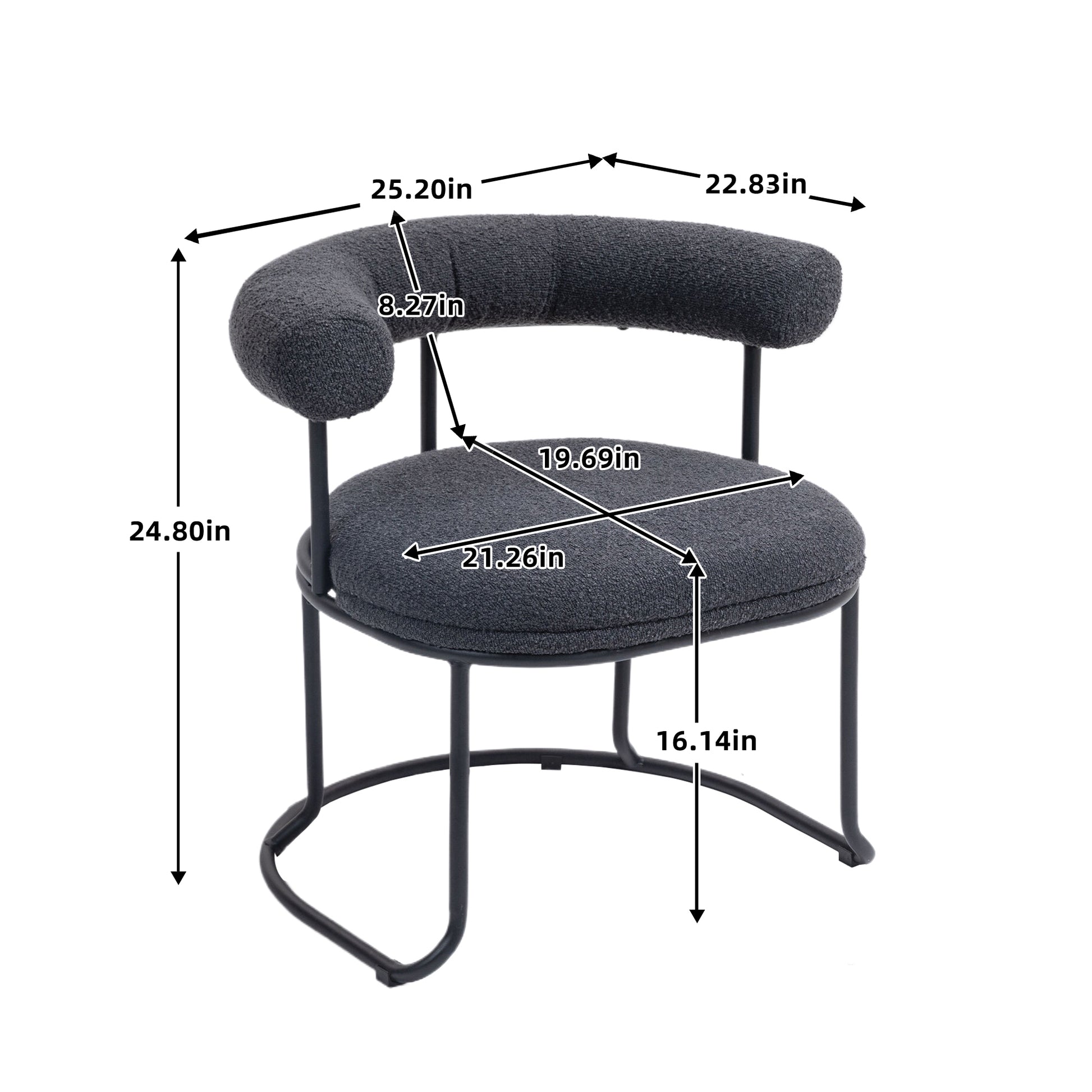 Coolmore Boucle Dining Chairs Set Of 2, Mid Century Modern Curved Backrest Chair, Round Upholstered Kitchen Chairs Carbon Black Boucle Carbon Black Foam Mdf Metal