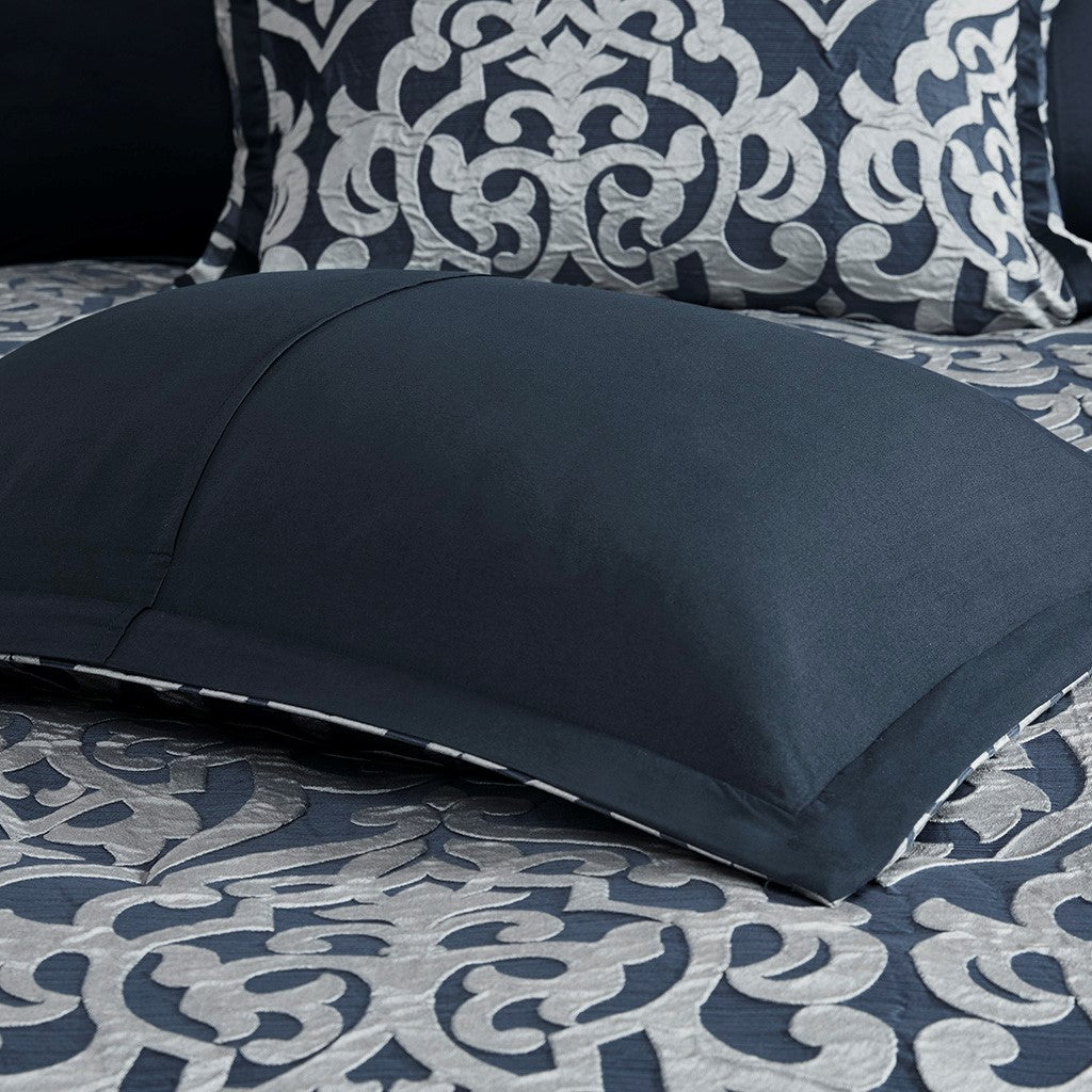 8 Piece Jacquard Comforter Set Navy Silver Queen Queen Navy Silver Polyester