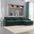 L Shape Sofa Couch With Usb & Cup Holders, Corduroy Stripe Fabric 3 Seater Sofa With 1 Ottoman, Green Green Wood 4 Seat