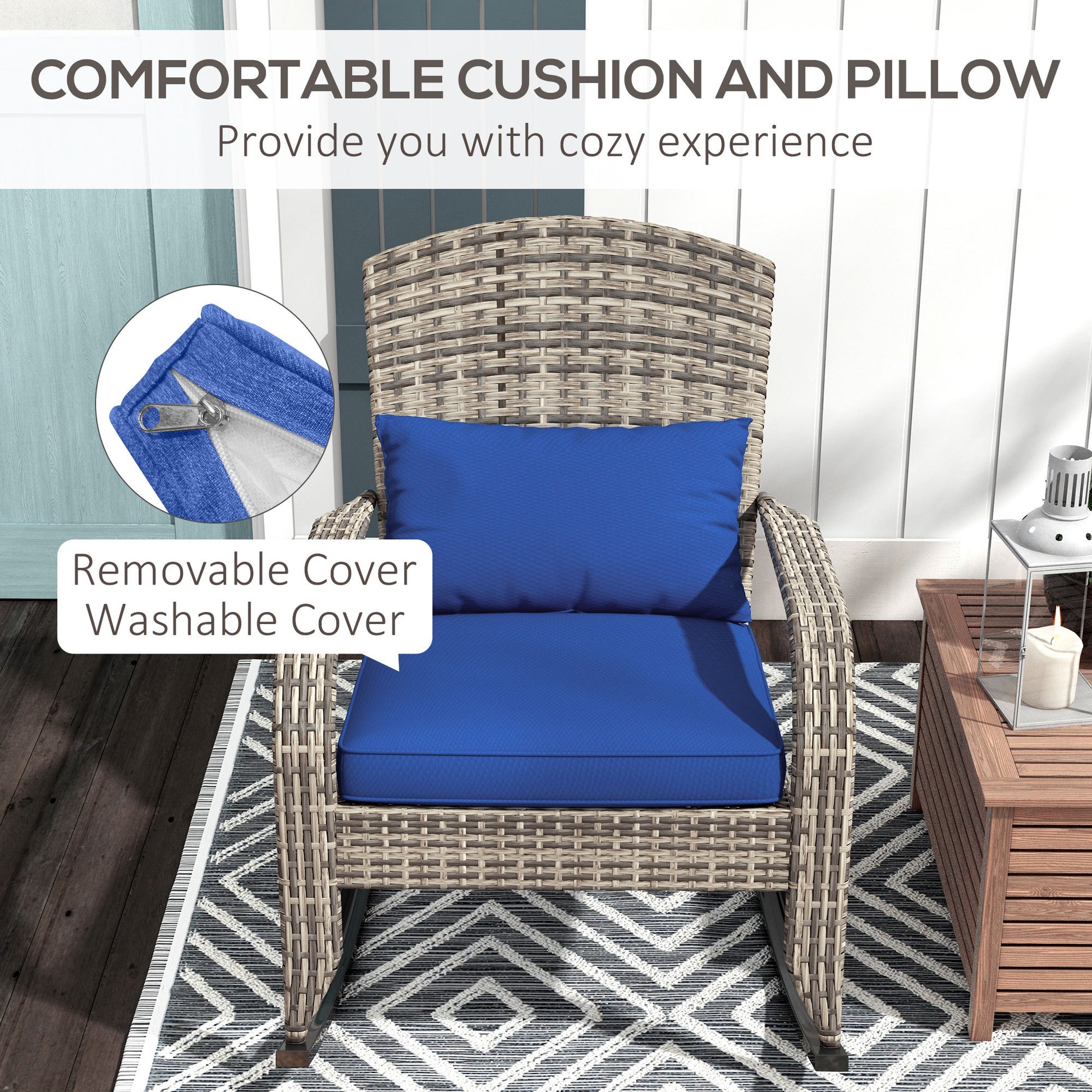 Outsunny Outdoor Wicker Adirondack Rocking Chair, Patio Rattan Rocker Chair With High Back, Seat Cushion, And Pillow For Garden, Porch, Balcony, Dark Blue Blue Rattan