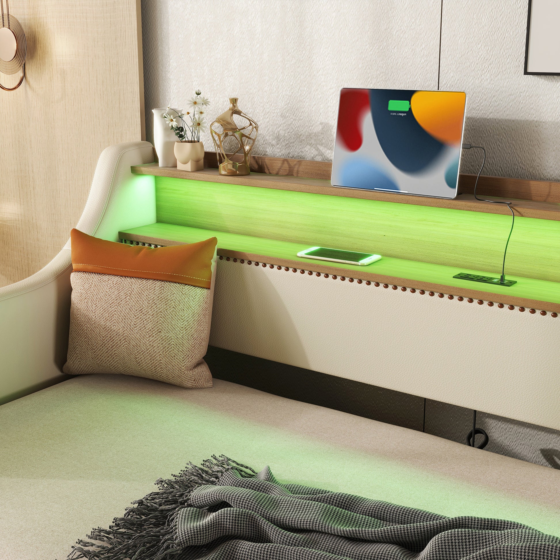 Twin Size Daybed With Trundle, Upholstered Daybed With Charging Station And Led Lights, Beige Twin Beige Pu Leather