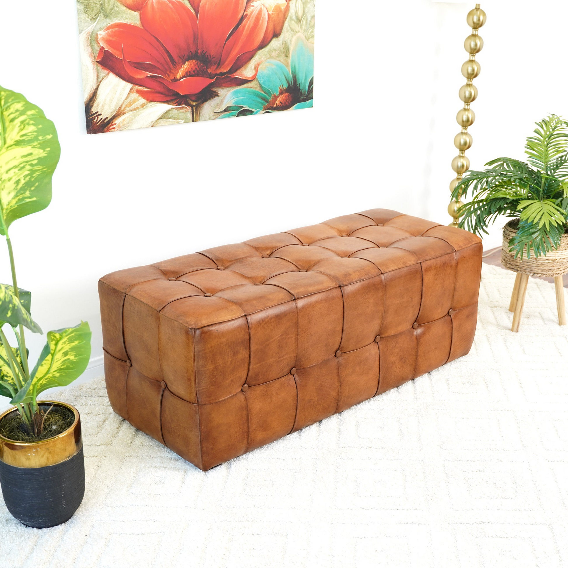Benjiro Tan Leather Bench Brown,Rustic Brown Genuine Leather Brown Mid Century Modern Foam Genuine Leather,Solid Wood