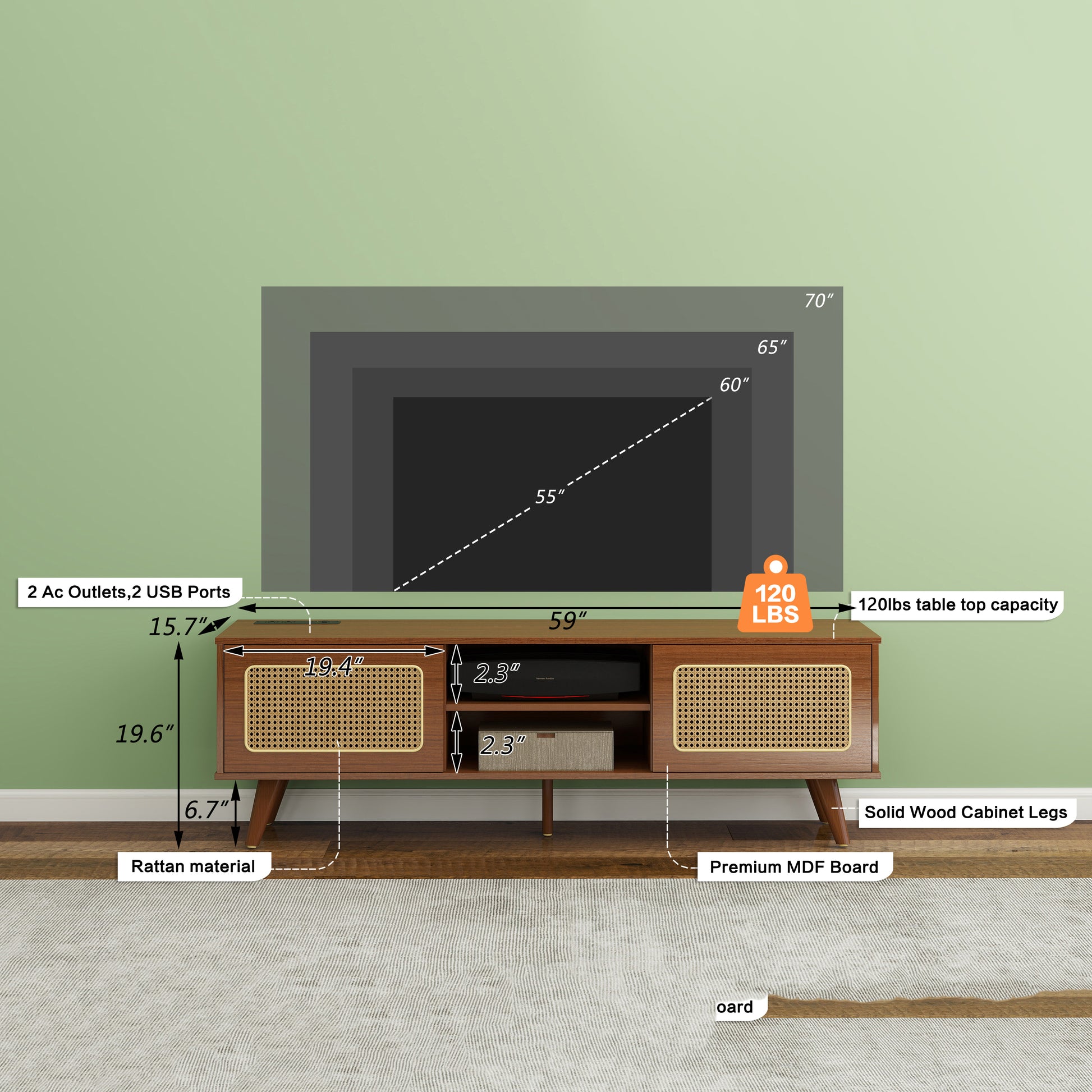 Mid Century Modern Rattan Tv Stand For 55 60 65 Inch Tventertainment Cabinet, Media Console For Living Room Bedroom Media Room, Solid Wood Feet & Rattan Cabinet Doors Walnut, 59" Black Brown Brown