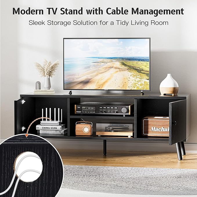 Tv Stand For 55 60 Inch Tv, Entertainment Center With Storage Cabinet, Media Console Table 2 Cabinet, Soft Hinge, Handle Door, Wooden Living Room, Office Furniture, Black Black 50 59 Inches Wood