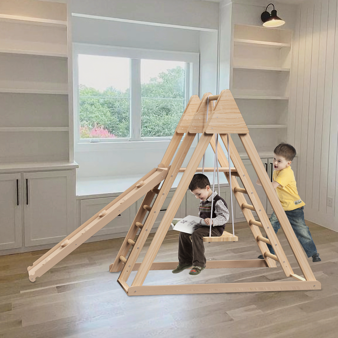 4 In 1 Juniper Indoor Play Gym Jungle Gym Playset With Baby Swing, Slide, Ladder, And Climbing Wall Foldable Wooden Playset Indoor Jungle Gym For Kids Natural Wood Pine