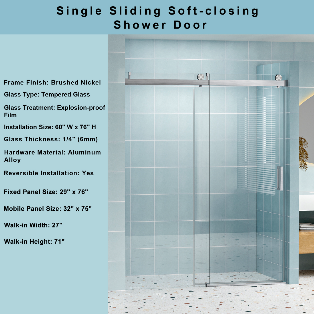 56" 60" W X 76" H Frameless Shower Door Soft Closing Single Sliding, 1 4" 6Mm Tempered Glass With Explosion Proof Coating, 24D01 60Bnx Brushed Nickel Brushed Nickel Bathroom Tempered Glass