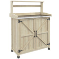 Outsunny Potting Bench, Outdoor Wooden Potting Table With Storage Cabinet With 2 Shelves, Garden Work Bench With Galvanized Plated Tabletop For Backyard, Balcony, Natural Natural Wood