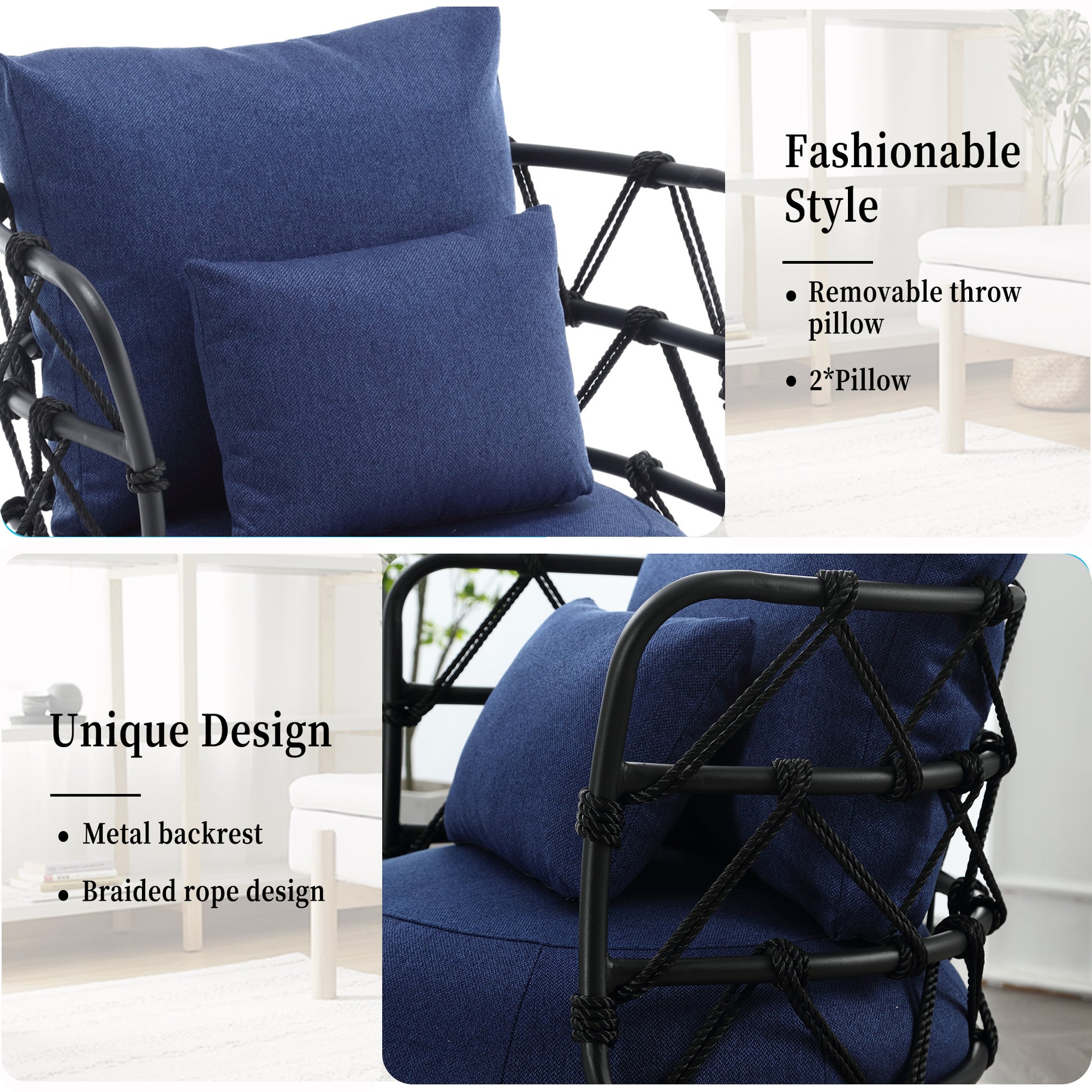 Coolmore Upholstered Tufted Living Room Chair Textured Linen Fabric Accent Chair With Metal Stand Navy Primary Living Space Foam Linen