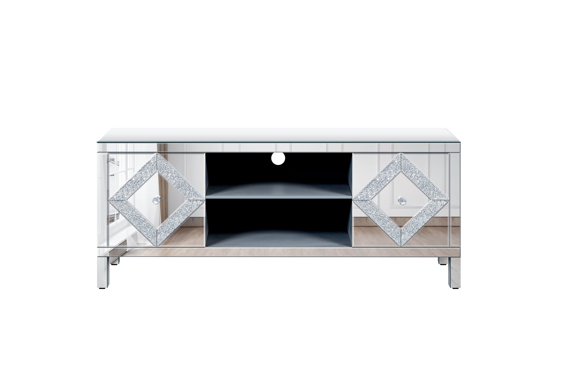 Mirrored Tv Stand For 65 Inch Tv,Sliver Tv Console Table With Open Storage & 2 Storage Cabinets ,Diamond Shape Sparkling Mirror Doors For Living Room 59''W X 25.2''H X 15.7D 1 2 Shelves Glass Pane