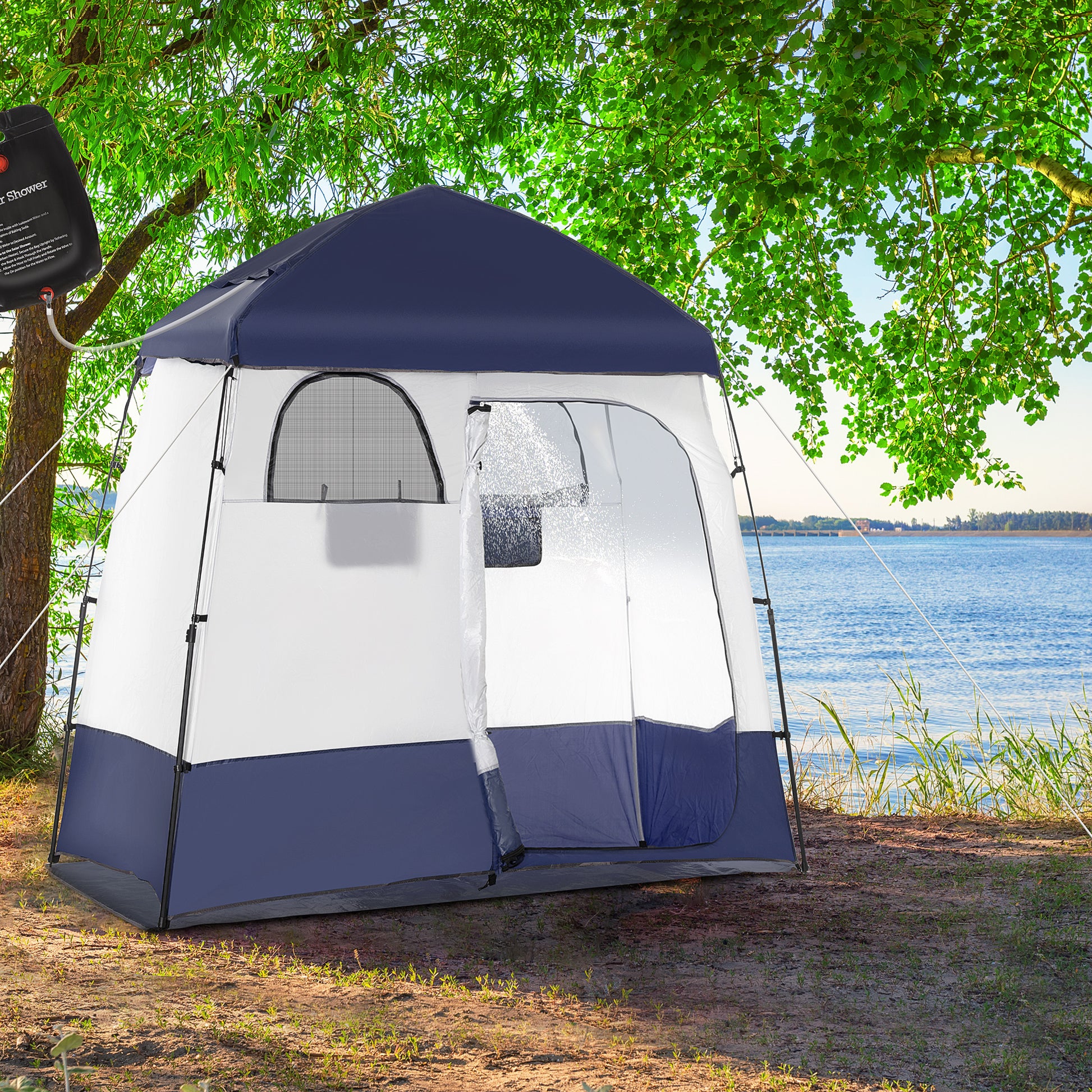 Outsunny Shower Tent, Pop Up Privacy Shelter For Camping, Dressing Changing Room, Portable Instant Outdoor Shower Tent Enclosure W 2 Rooms, Shower Bag, Floor And Carrying Bag, Blue Blue Taffeta