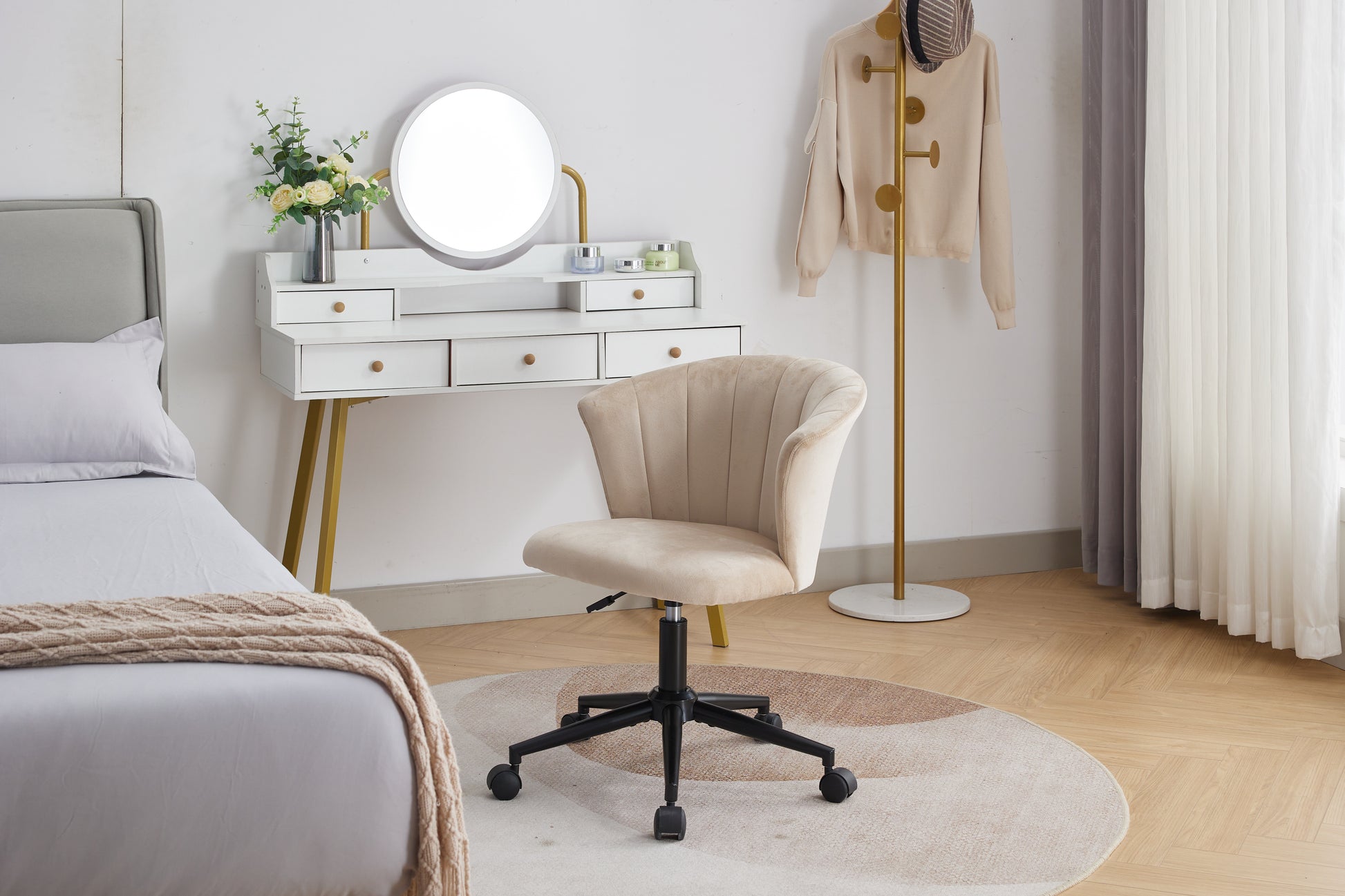 Home Office Chair, Velvet Fabric Swivel Flower Shape Computer Desk Chair For Home Office Or Bedroom Camel Foam Polyester Blend