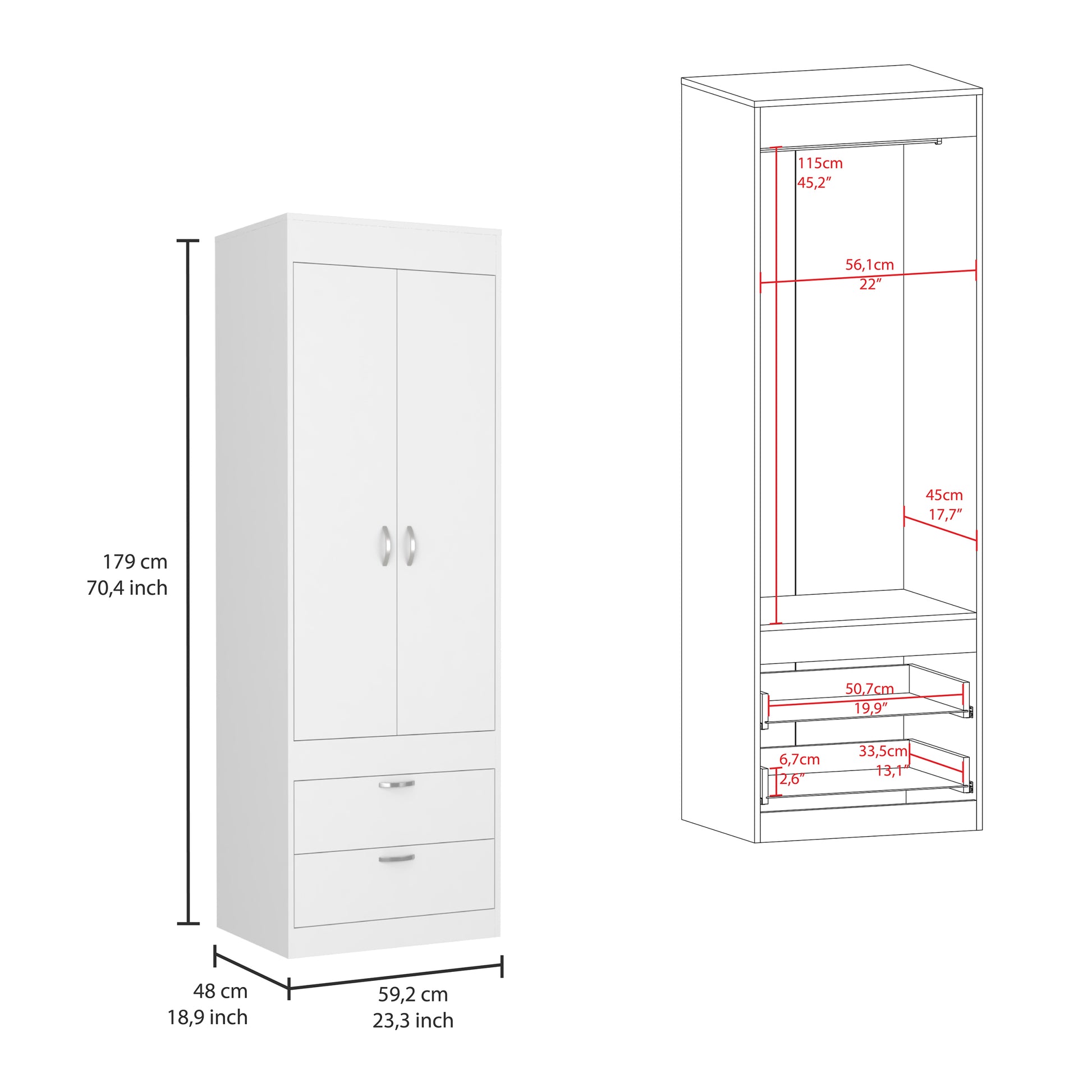 Lisboa Armoire, Rod, Double Door, Two Drawers, Metal Handles White White Bedroom Modern Particle Board