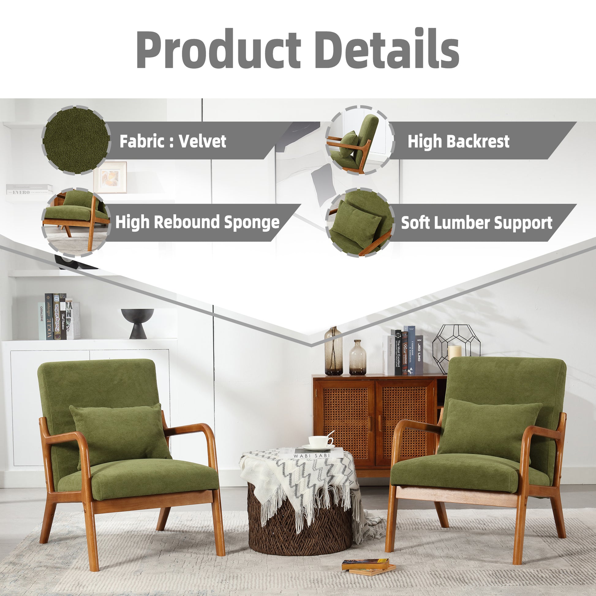 Coolmore Modern Accent Chair, Solid Wood Padding Lounge Armchairs With One Pillow For Living Room, Bedroom, Guest Room Green Green Rubberwood Foam Velvet