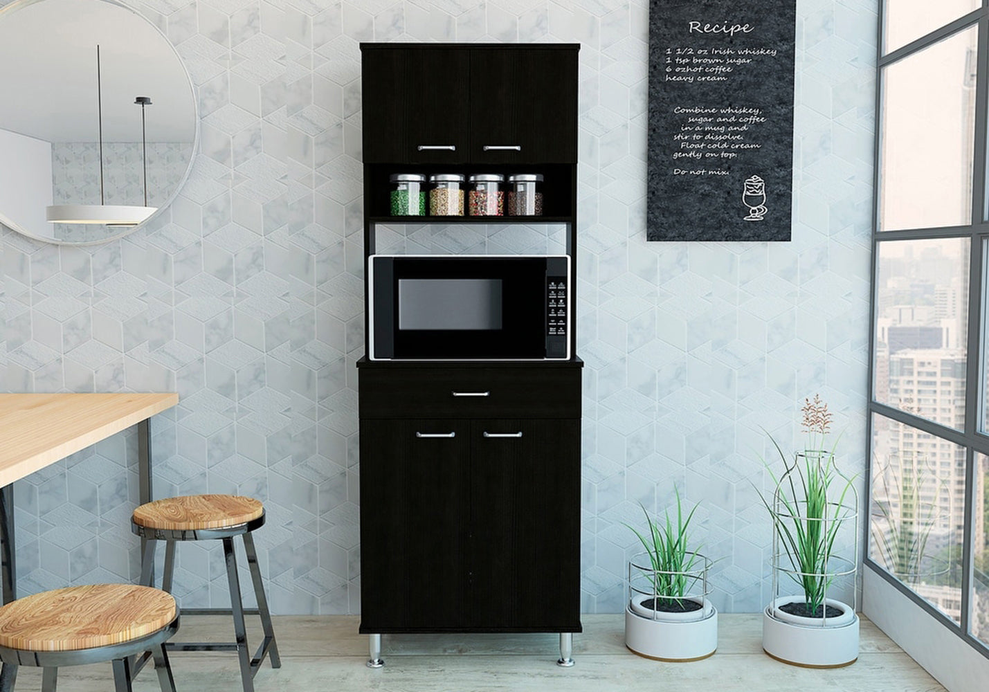 Santa Maria 1 Drawer 1 Shelf Area Pantry With Adjustable Metal Legs Black Wengue Black Particle Board