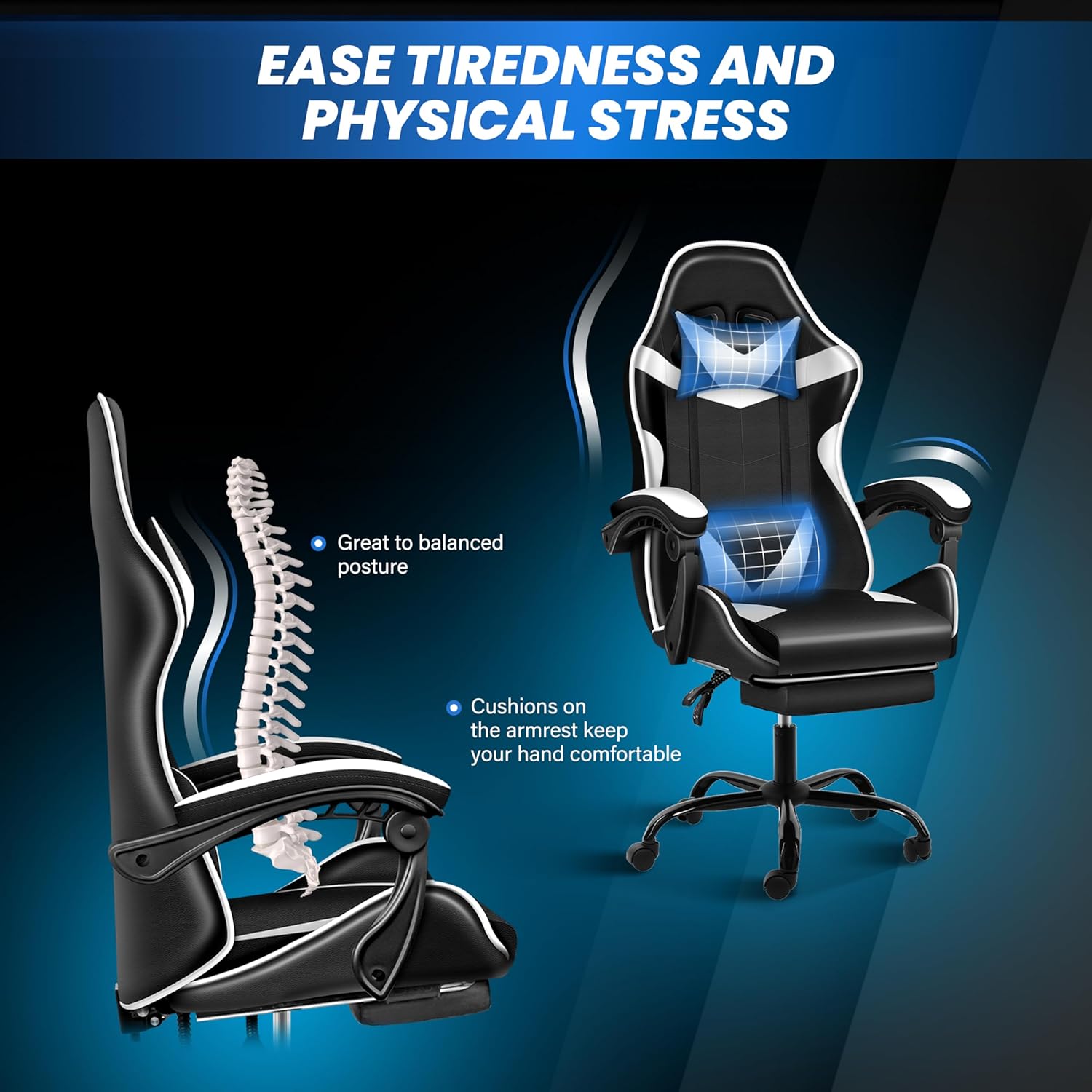 Gaming Chair, Computer Chair With Footrest, Height Adjustable & 90 135 Tilt Function, Swivel Recliner Ergonomic Racing Style Video Game Chair With Lumbar Support Black White White Black Leather