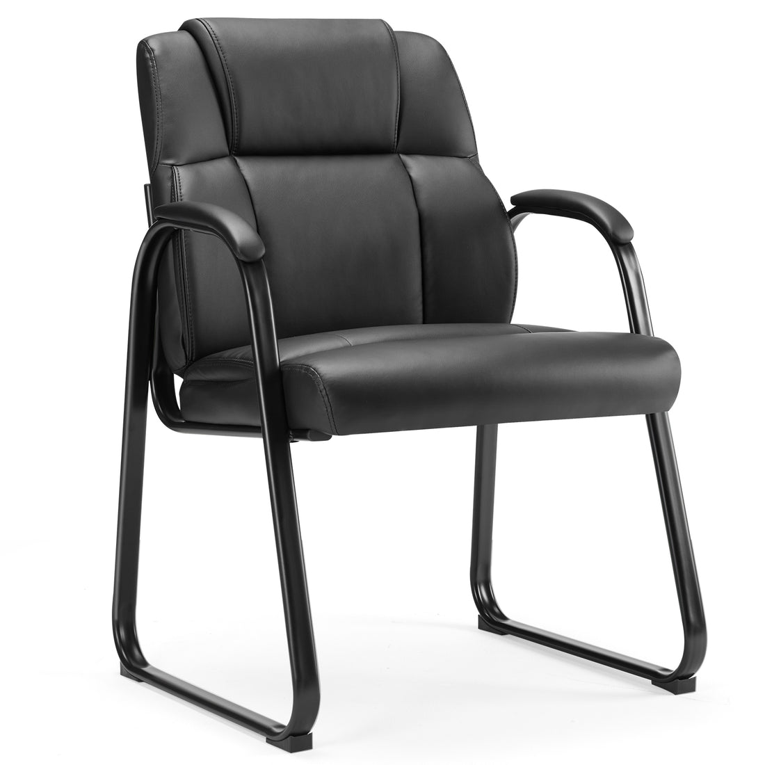 Leather Office Guest Chair No Wheels, Comfy Padded Arms And Seld Base, For Reception Conference Room Black Stainless Steel