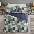 3 Piece Reversible Printed Quilt Set Green Navy Full Queen Green Navy Microfiber