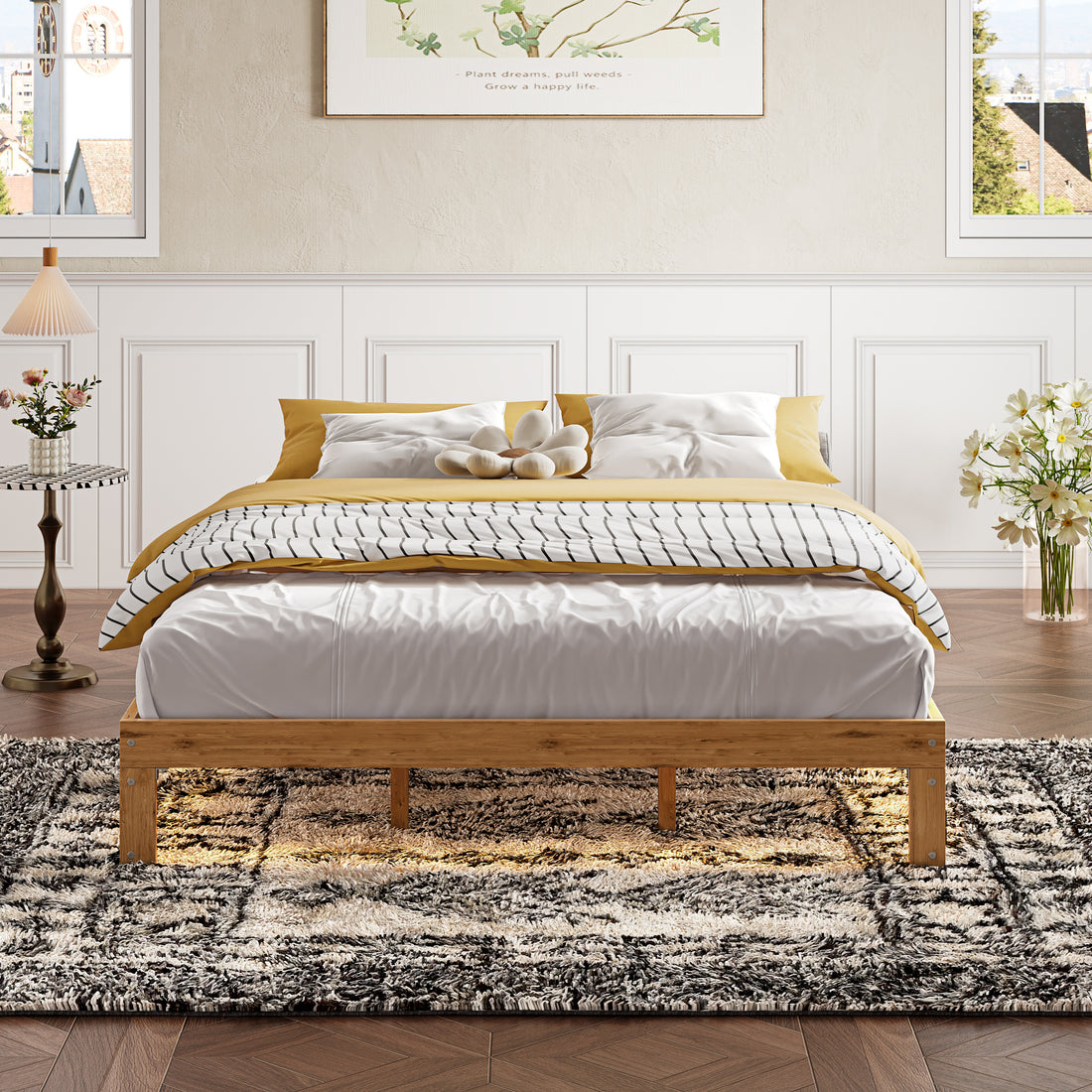 Queen Size Wood Platform Bed Frame 12 Inch Solid Wood Queen Bed Frame With Slat Support, No Box Spring Needed, Easy Assembly Rustic Pine Box Spring Required Queen Natural Wood Brown Wood Brown