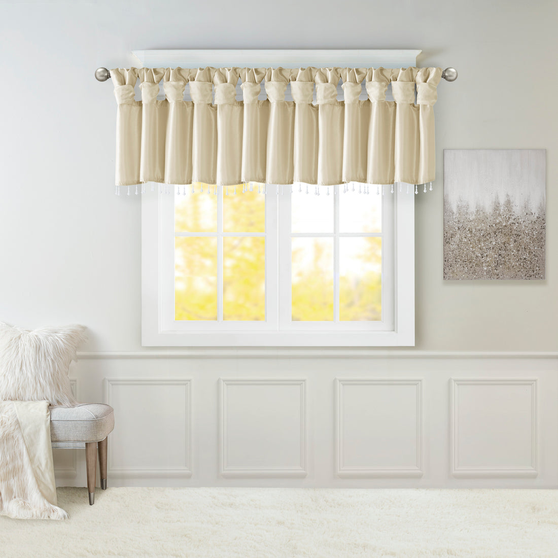 Lightweight Faux Silk Valance With Beads Champagne 50X26" Champagne Microfiber