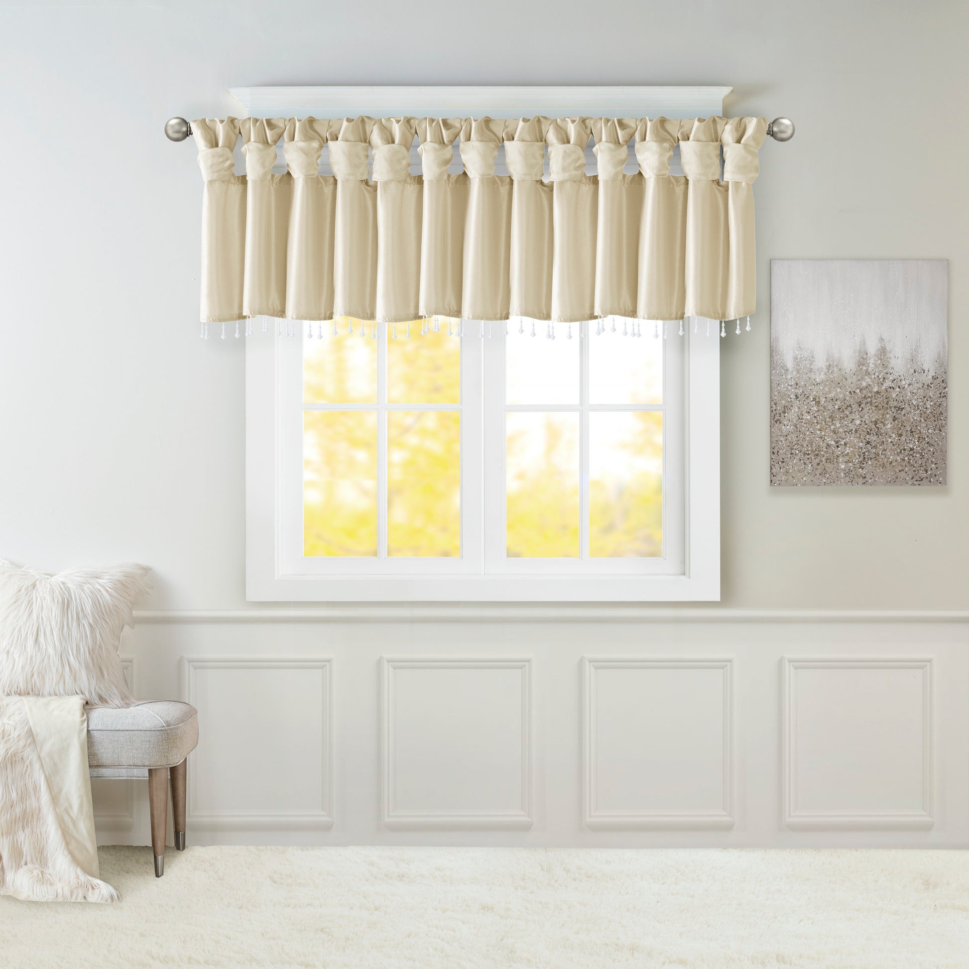 Lightweight Faux Silk Valance With Beads Champagne 50X26" Champagne Microfiber