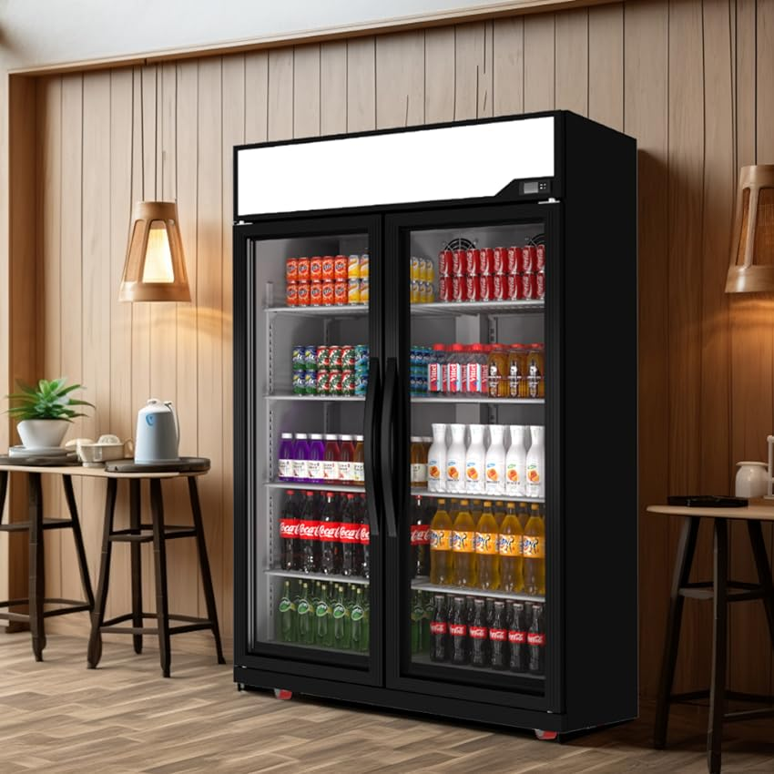 Glass Door Merchandiser Refrigerator 39 Cu.Ft Swing Door Commercial Display Refrigerators Merchandising Refrigeration With Led Top Panel Black Silver Steel