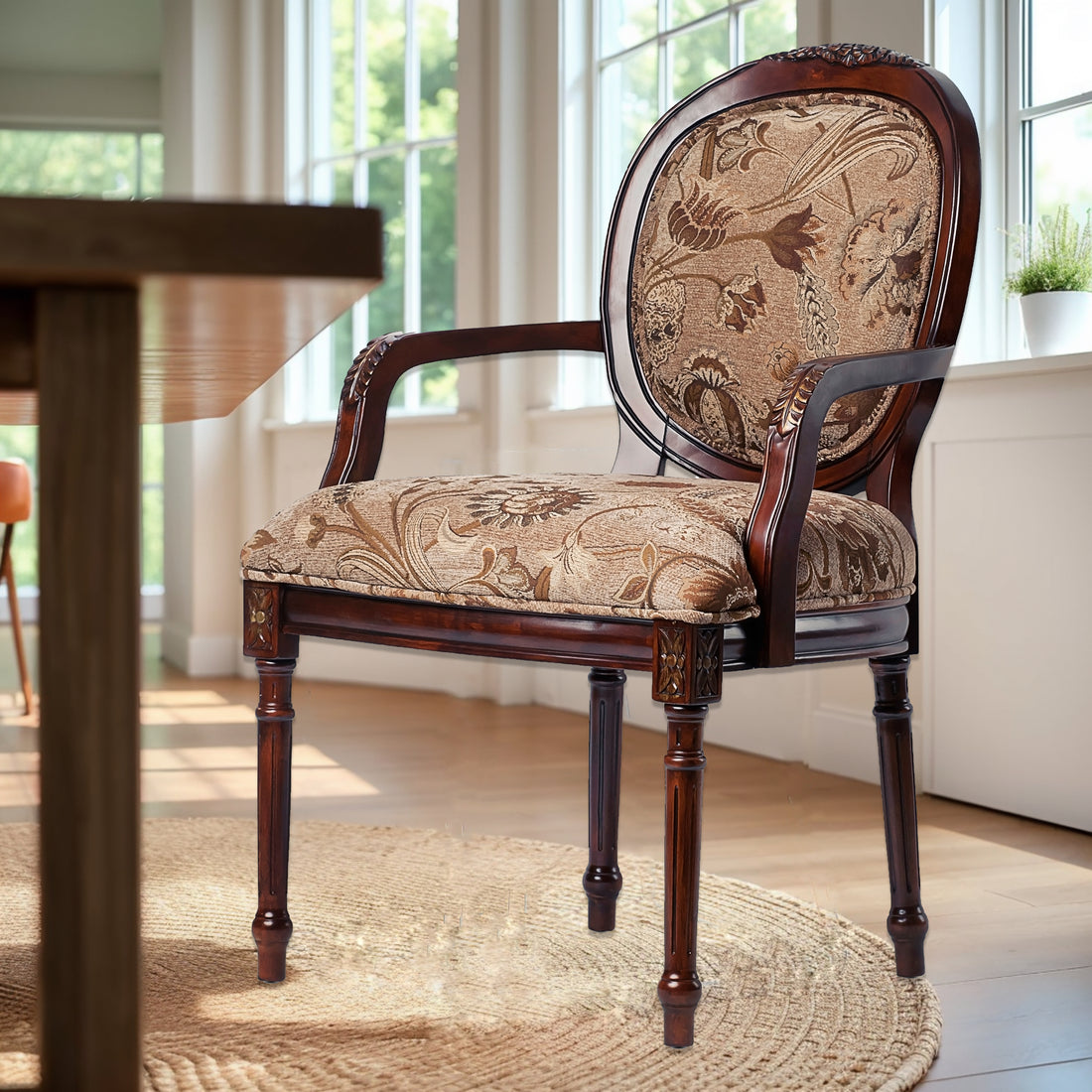 Bernice Oval Back Chair Brown Beige Gray Foam Wood Fabric