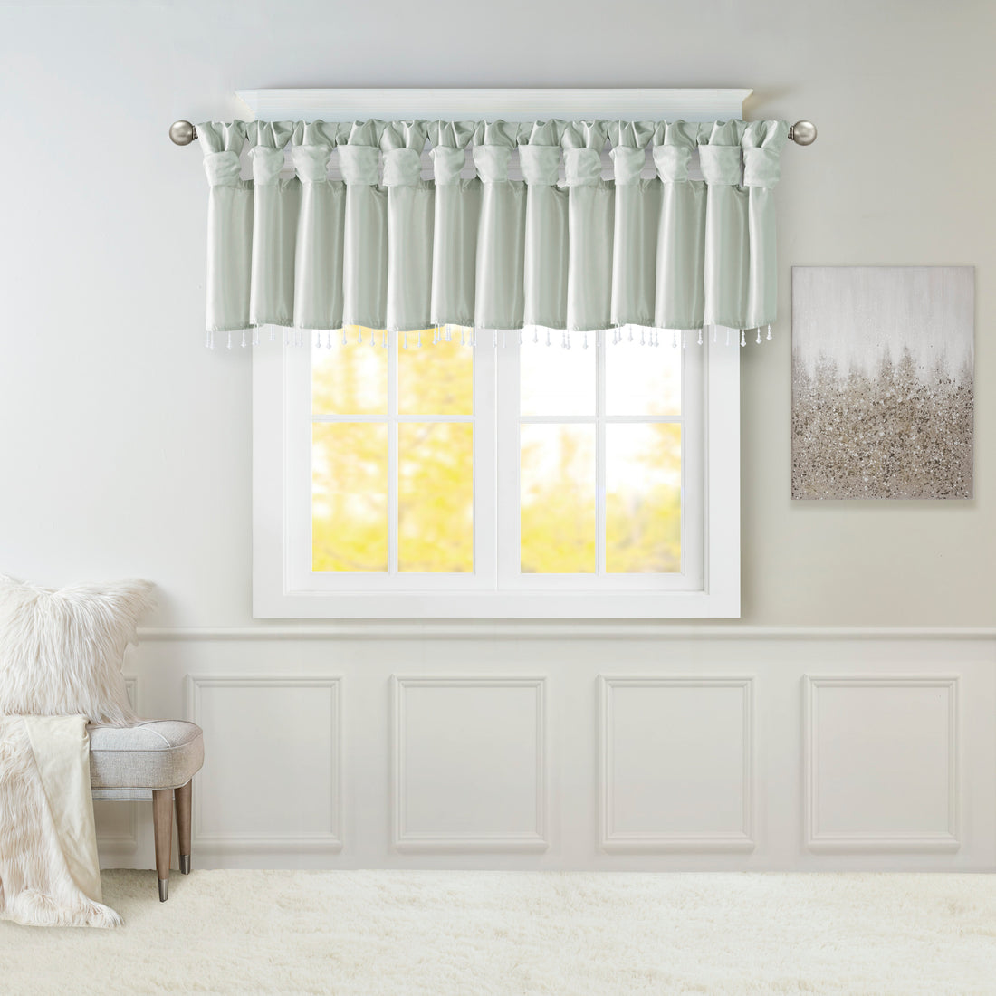 Lightweight Faux Silk Valance With Beads Dusty Aqua 50X26" Dusty Aqua Microfiber