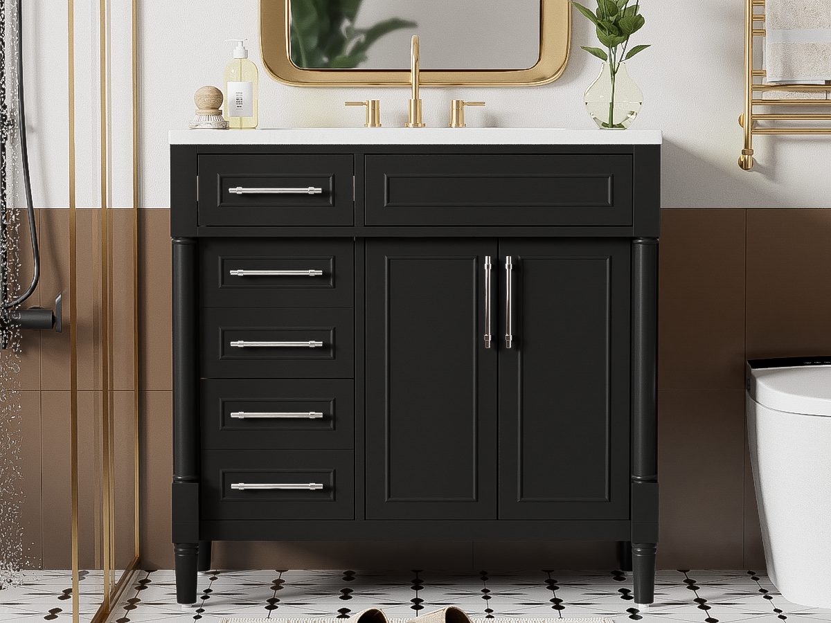 36'' Bathroom Vanity With Top Resin Sink, Freestanding Bathroom Storage Cabinet With 2 Drawers And A Tip Out Drawer, Solid Wood Frame Vanity Set, Height Adjustable Shelf 3 Black 2 2 Adjustable Shelves Bathroom Freestanding Solid Wood Mdf Resin Painted