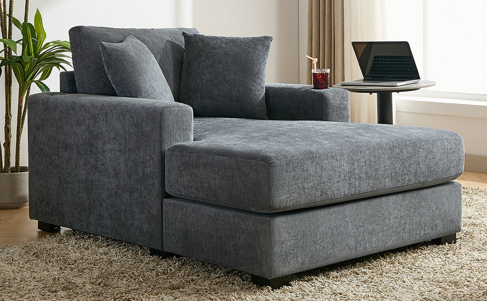 43.5" Oversized Chaise Lounger Modern Style Sofa Couch ,With Pillows, Charge Station & Cup Holders, Chenille Fabric, Blue Gray Blue Gray Chenille