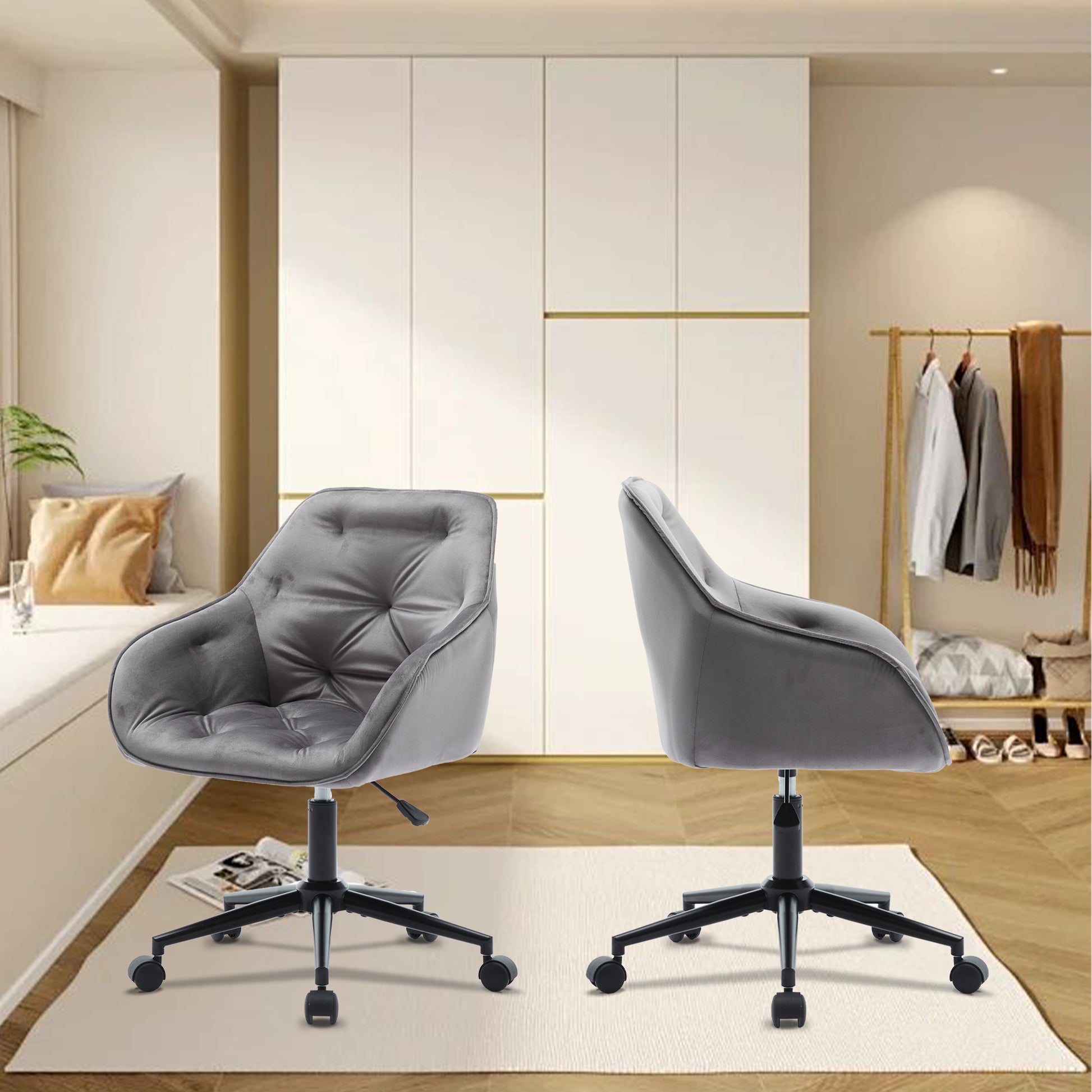 Elegent Velvet Office Chair With Wheels, Makeup Vanity Chair Height Adjustable For Teens Women Girls, Comfy Swivel Modern Leisure Armchair For Home Office, Bedroom, Study And Vanity. Gray Gray Primary Living Space Luxury,Modern Foam Iron