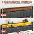 Twin Size Bed Frame Upholstered Platform Bed Frame With Storage Drawers, Usb Ports, Led Lights, Upholstered Wingback Headboard, Rustic Brown Box Spring Not Required Twin Antique Black Metal Brown