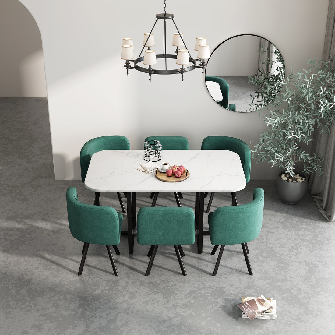 Modern 7 Pieces Dining Table Set, Rectangle Dining Table With 6 Chairs For Dining Room, Kitchen Green Fabric