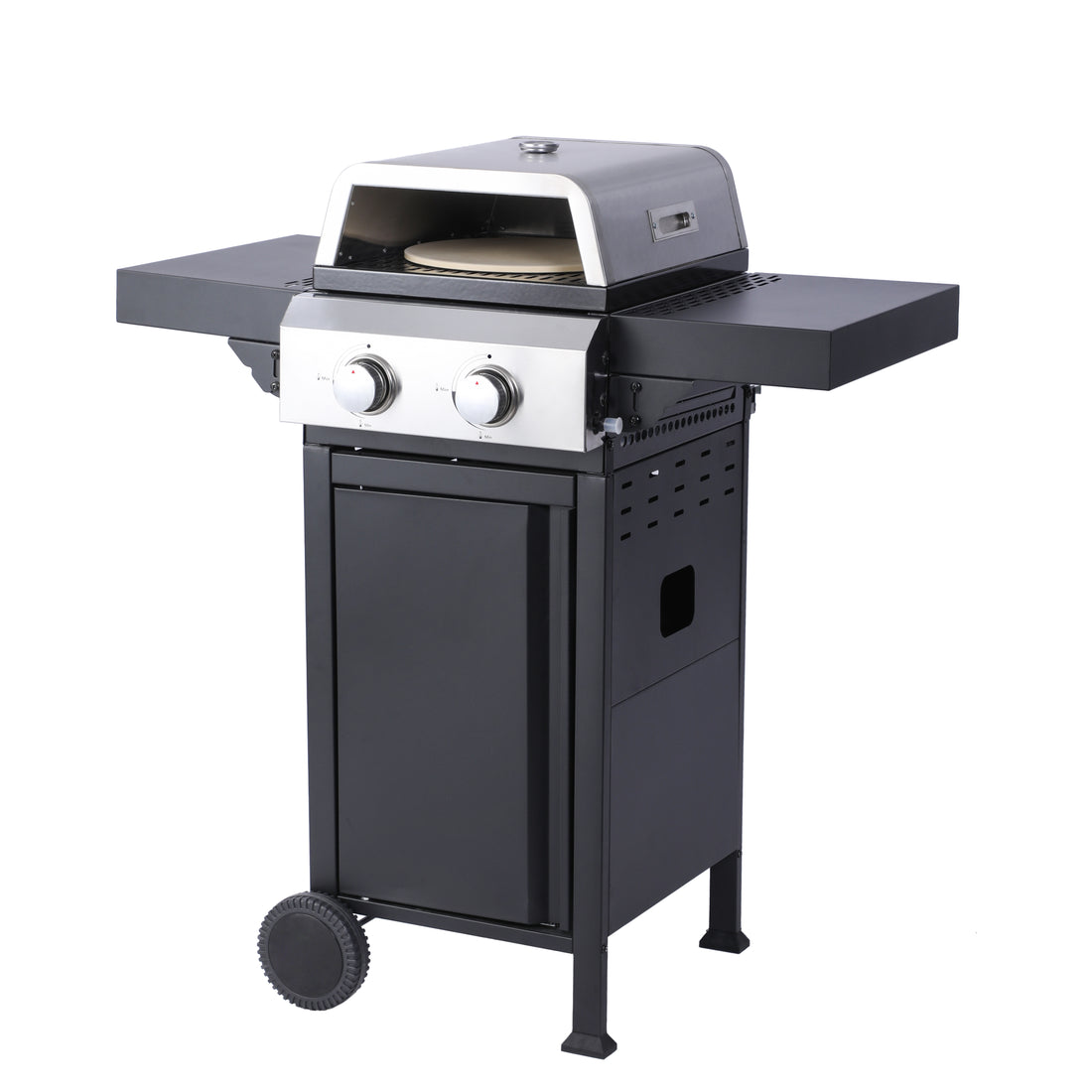 2 Burner Propane Gas Bbq Grill, Pizza Box, 24600Btu Output With Wire Enamel Cooking Grids For Outdoor Barbecue, Foldable Side Table, Hanging Basket, Stainless Steel Black And Silver Garden & Outdoor