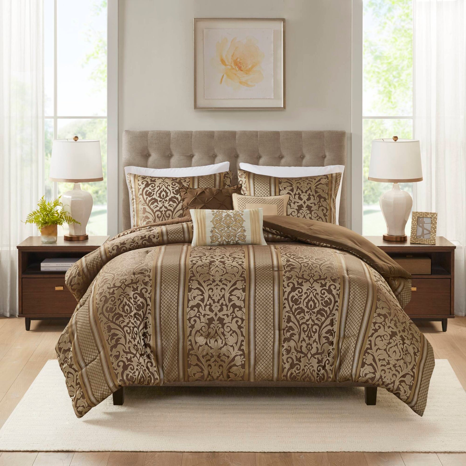 6 Piece Jacquard Comforter Set With Throw Pillows King Cal King Multicolor Polyester