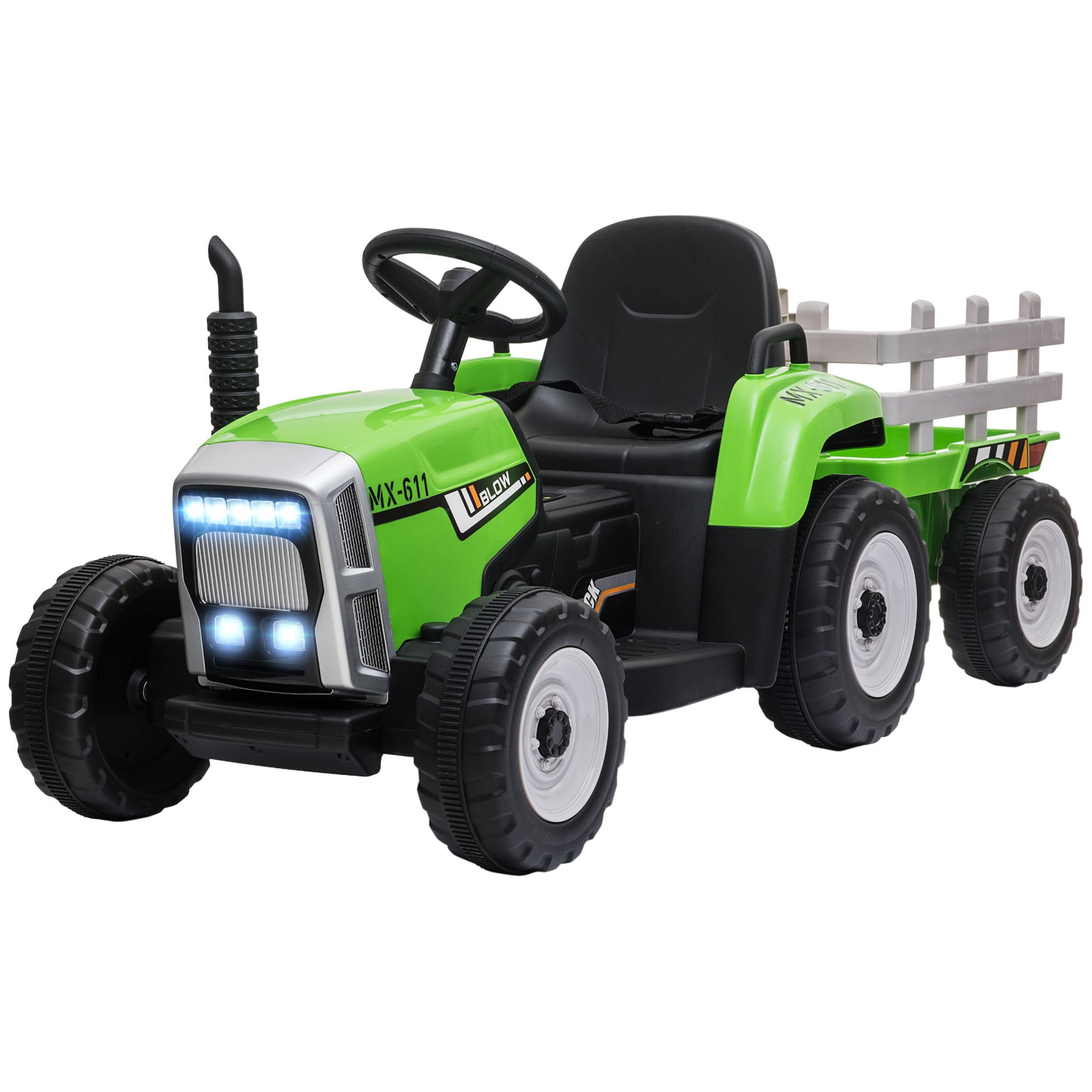 Aosom 12V Ride On Tractor With Trailer, 25W Dual Motors, Battery Powered Electric Tractor With Remote Control, Music Startup Sound And Horn, Led Lights, Green Green Plastic