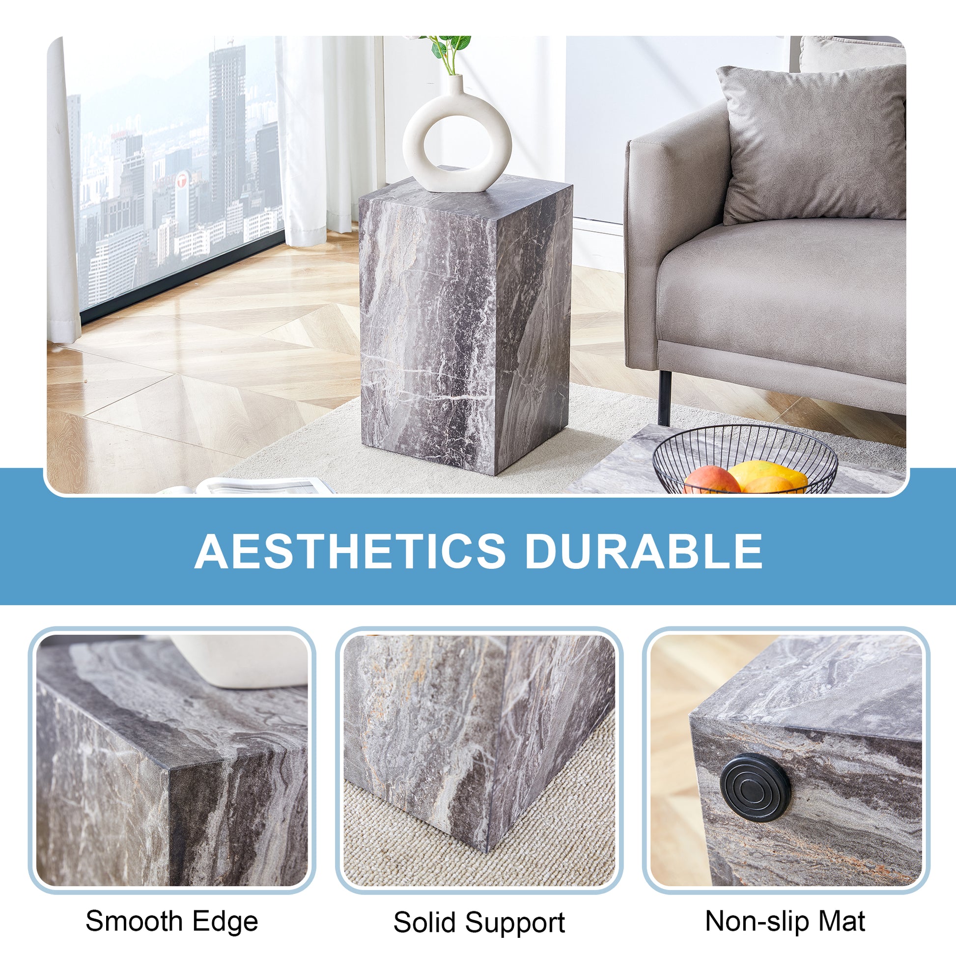 Elevate Your Living Space With This Modern Mdf Coffee Table, Which Showcases Gray Textured Patterns. It Is Characterized By Stylish Design. Grey Mdf