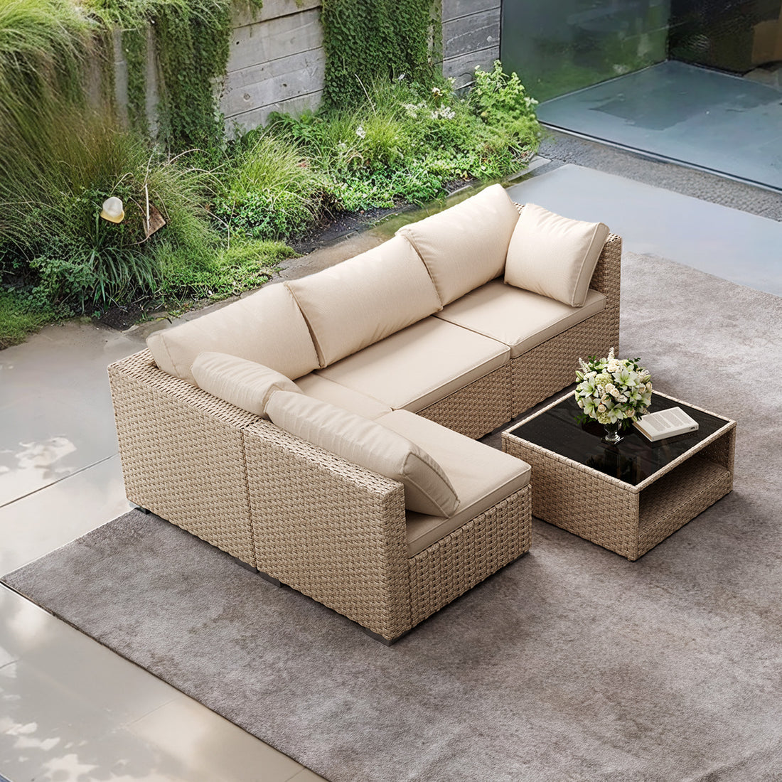 5 Piece Patio Furniture Set, All Weather Boho Outdoor Conversation Set Sectional Sofa With Water Resistant Grey Thick Cushions Beige Pe Rattan Iron Waterproof Fabric