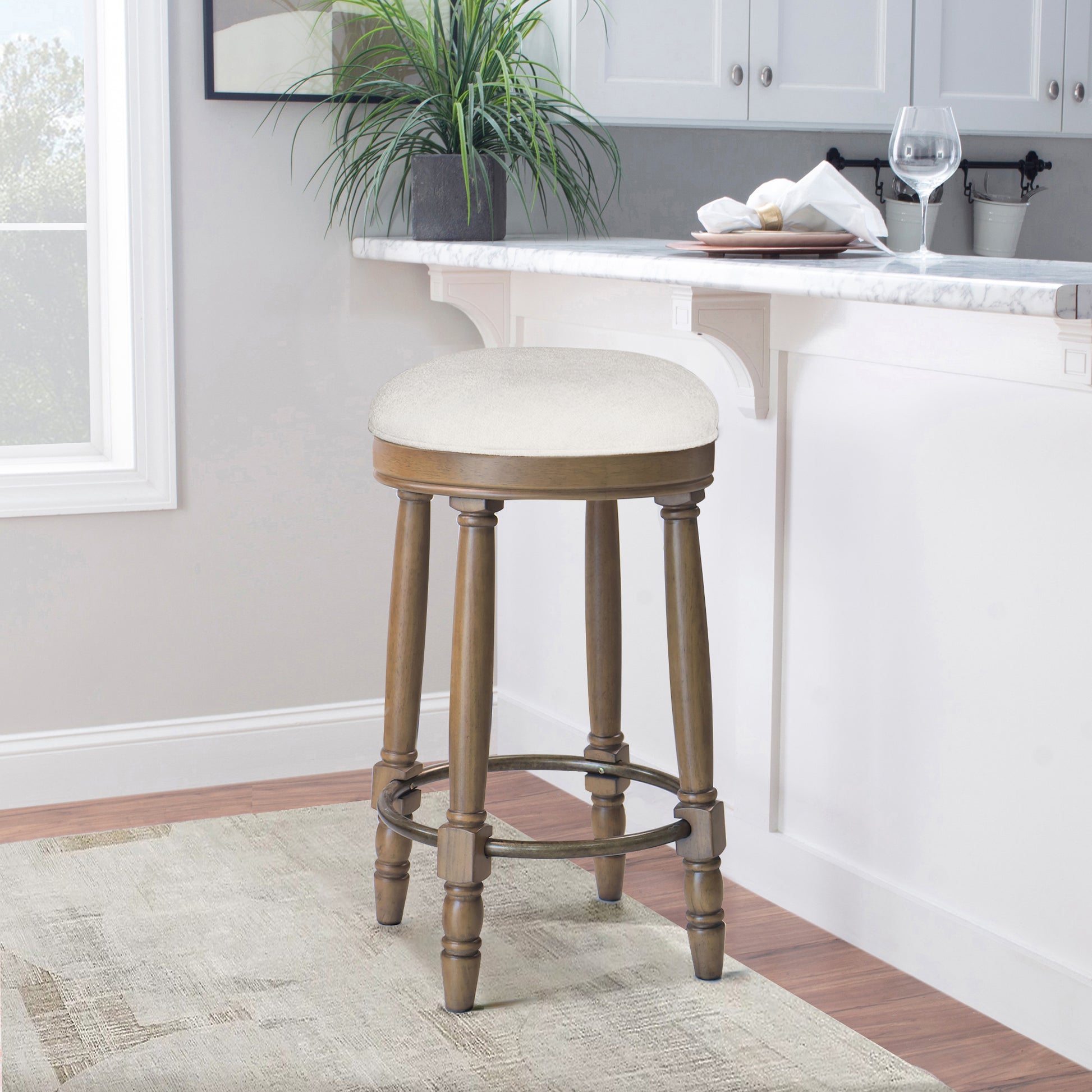 Barstools Set Of 2, 360 Degree Swivel, Accent Wooden Swivel Seat Counter Height Bar Stool,White Fabric Cushioned Seat, Bar Stool Perfect For Dining & Living Room With Light Brown,Natural Height 26"